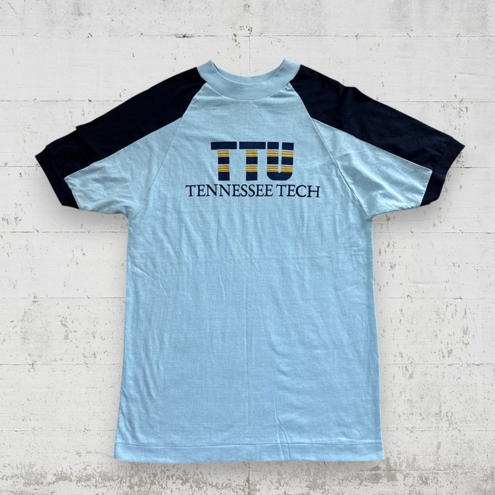 Vintage 70s Blue Bar Champion Tennessee Tech TTU Jersey Shirt Blue L USA - Picture 1 of 9